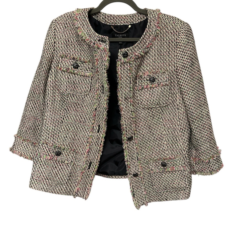 Talbolts Pink Green Tweed Eyelash Trim Cloqué Style Round Neck Blazer Jacket